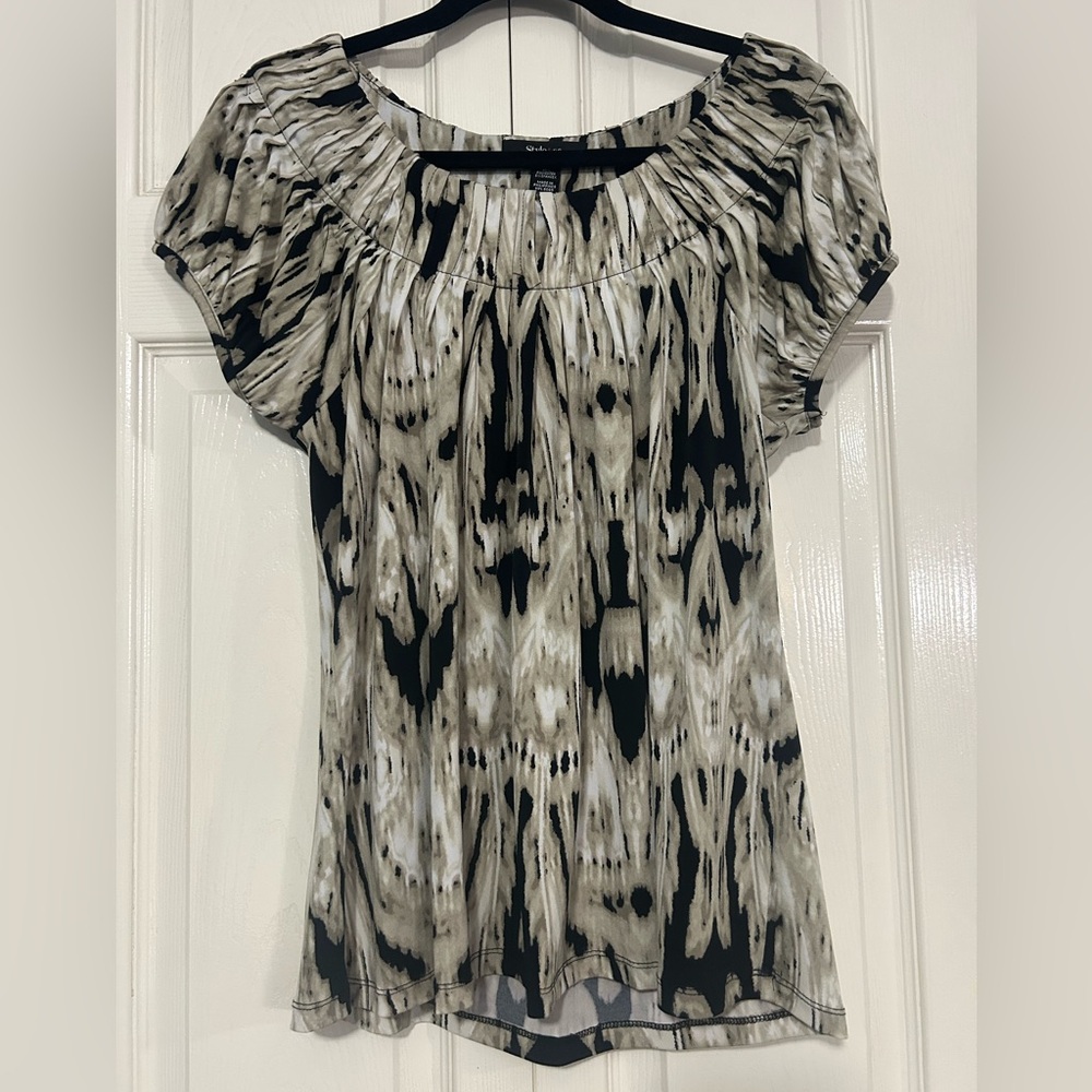 Style & Co. Black and Cream Capped Sleeve Patterned Blouse